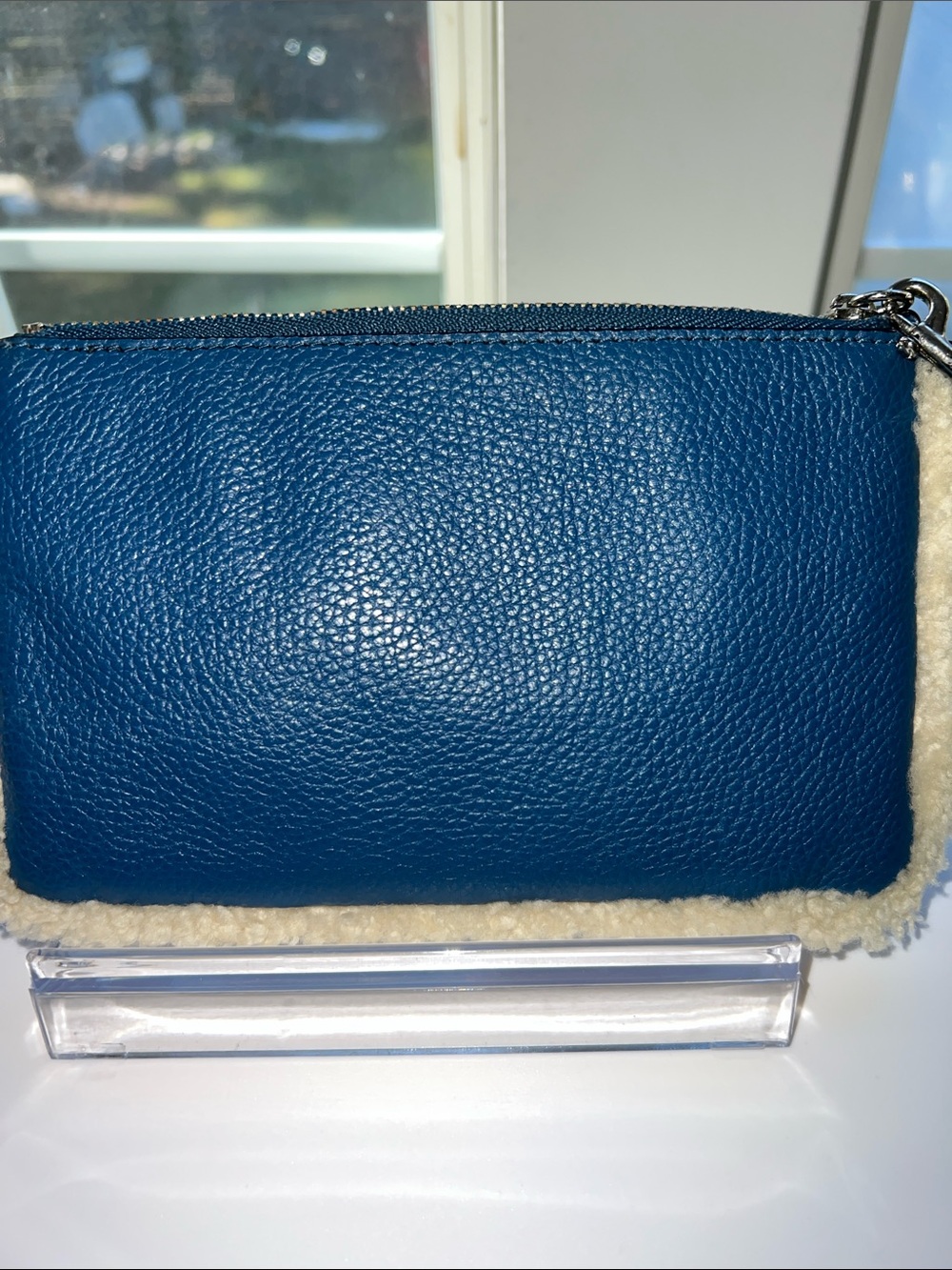 Coach Blue Pebbled Leather Wristlet with Cream Shearling Trim - Picture 5 of 10